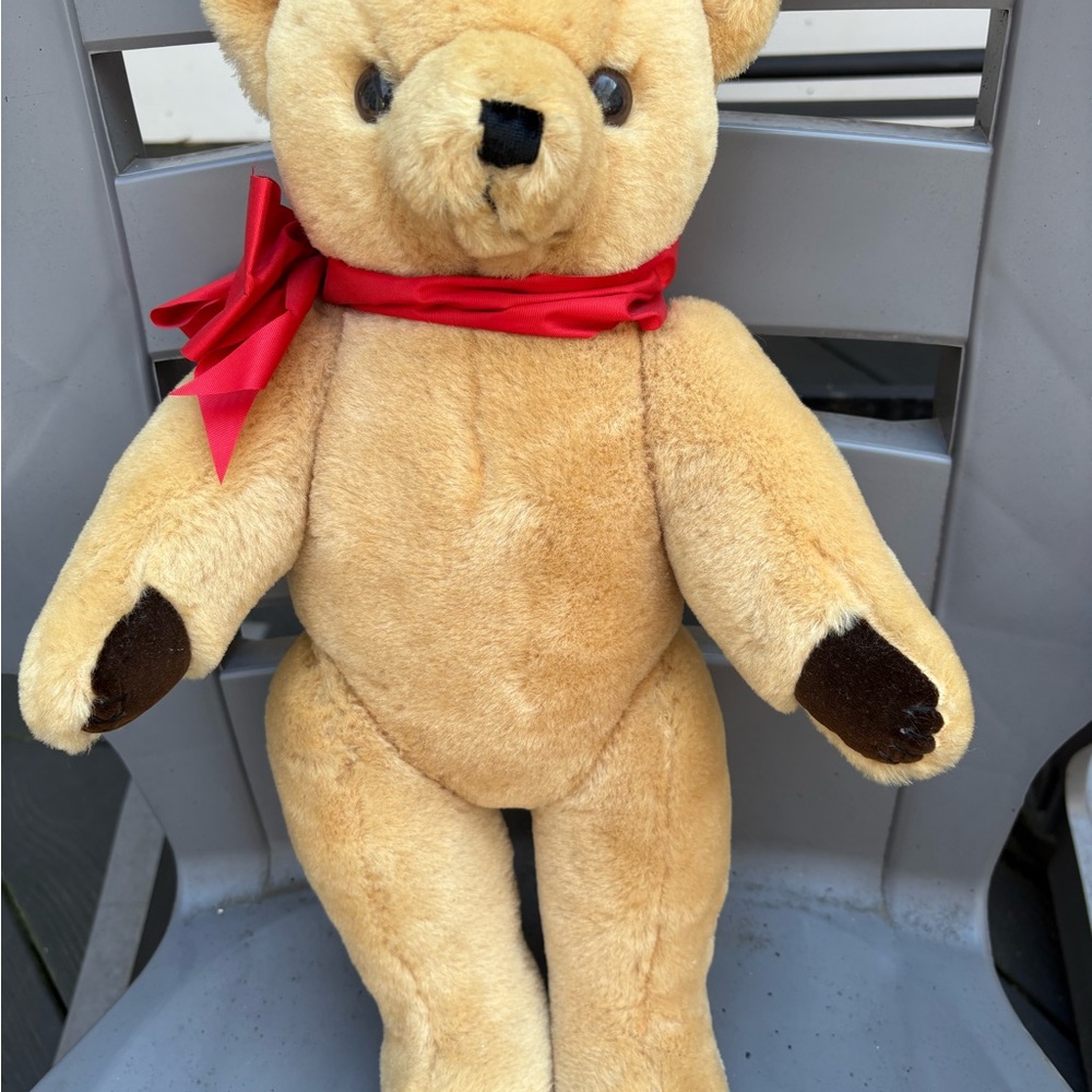 Vintage  Tan Teddy Bear with Red Bow